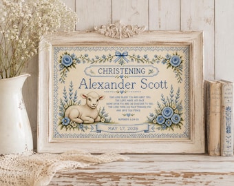 Baby Blessing Cross Stitch Print, Personalized Baptism Christening Gift, Christian Nursery Wall Art, Custom Name Lamb Keepsake