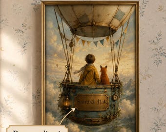 Personalized Boy and Fox Nursery Wall Art, Hot Air Balloon Adventure Print, Vintage Storybook Poster, Custom Name Kids Room Decor