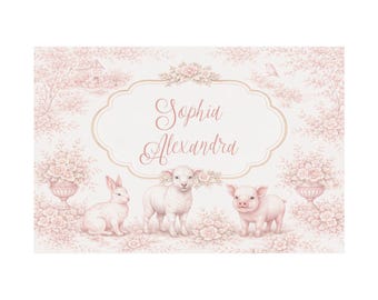 Personalized Vintage Nursery Pastoral Name Poster | Pink Delicate Toile Baby Name Print | Lamb, Piglet, Bunny