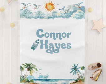 Personalized Beach Blanket: Surfer Theme, Ocean & Palm Tree Design