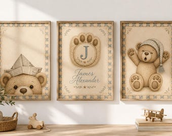 Personalized Teddy Bear Nursery Wall Art Set of 3 | Custom Baby Name & Monogram Prints | Vintage Storybook Nursery Decor | Baby Boy or Girl