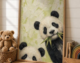Playful Panda Nursery Print, Whimsical Animal Wall Art, Bamboo Panda Art, Kids Room Decor, Gender Neutral Nursery, Cute Panda Wall Decor