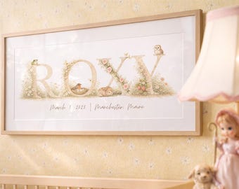 Personalized Meadow Floral Name Print Matte Poster | Personalized Birth Date Nursery Decor | Soft Watercolor Kid Wall Art