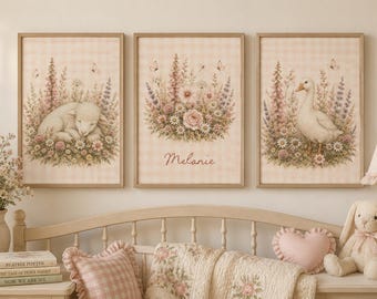 Personalized English Cottage Nursery Wall Art | Lamb Goose Wildflower Prints | Vintage Floral Baby Girl Decor | Custom Name Triptych