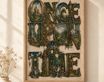 Once Upon a Time Wall Art Print, Fairytale Letter Poster, Kids Reading Nook Decor, Dragon Castle Princess Nursery and Playroom Art