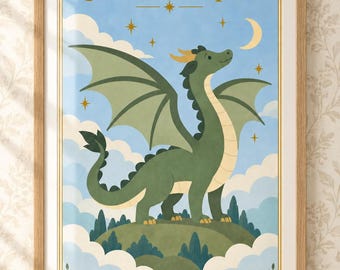 Once Upon a Time Dragon Wall Art Print, Vintage Fairytale Nursery Decor, Green Dragon Poster, Storybook Kids Room Art