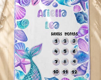 Mermaid Milestone Blanket, Purple and Blue Seashells, Personalized Baby Month Tracker, Multiple Sizes