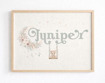 Personalized Boho Nursery Name Print | Crescent Moon Floral Wall Art, Neutral Baby Gift, Custom Baby Name Decor