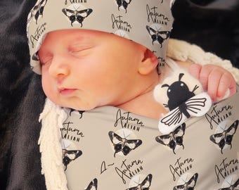 Personalized Moth Swaddle Blanket and Hat Set – Custom Name Baby Swaddle | Gothic Baby Gift | Neutral Newborn Photo Prop | 30x40 or 42x42
