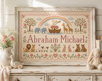 Personalized Noah's Ark Nursery Print | Cross Stitch Nursery Wall Art | Custom Baby Name Sign | Christian Baby Gift | Poster