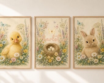 Personalized Cottage Garden Nursery Wall Art Set of 3, Duckling Bunny Nest Prints, Baby Girl Nursery Decor, Wildflower Triptych