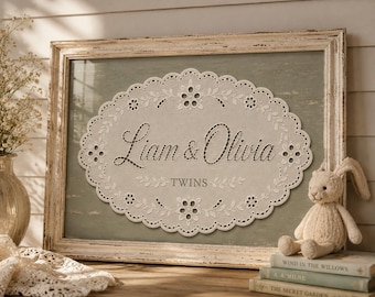 Personalized Nursery Name Sign, Vintage Eyelet Lace Poster, Shabby Chic Nursery Decor, Cottagecore Baby Name Print