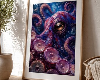 Octopus Selfie Wall Art, Colorful Palette Knife Octopus Painting, Coastal Ocean Decor, Impasto Marine Life Poster Print