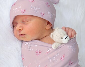 Personalized Pink Blossom Baby Blanket, Hat & Headwrap Set