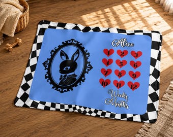 Personalized Alice in Wonderland Baby Milestone Blanket - Month Tracker