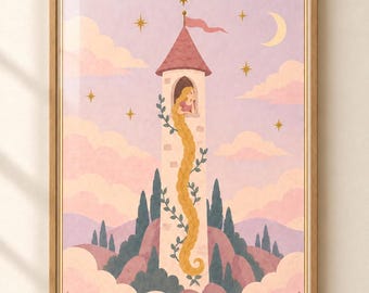 Once Upon a Time Rapunzel Wall Art Print, Princess Tower Poster, Pink Fairytale Nursery Decor, Storybook Girls Room Art