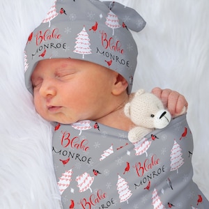 Personalized Cardinal Christmas Baby Blanket, Hat & Headwrap Set