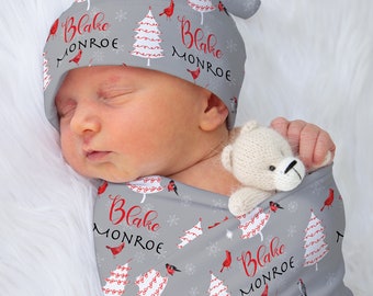 Personalized Cardinal Christmas Baby Blanket, Hat & Headwrap Set