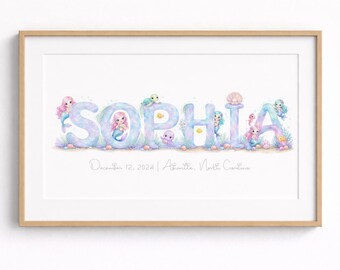 Personalized Underwater Mermaid Name Art Matte Horizontal Poster | Toddler Girls Room Art | Baby Girls Nursery Wall Art