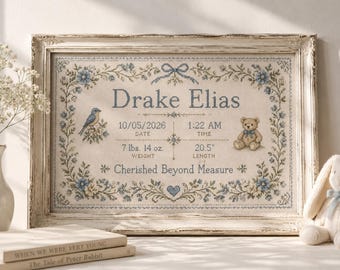Personalized Birth Record Print, Vintage Cross Stitch Nursery Poster, Custom Baby Name Sign, Heirloom Birth Sampler, Baby Gift