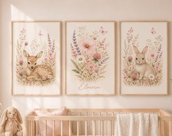 Lot de 3 oeuvres d'art murales personnalisées pour chambre de bébé, fleurs sauvages, décoration des bois pour chambre de bébé fille, imprimés floraux roses lapin et faon, triptyque aquarelle
