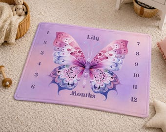 Pink Butterfly Milestone Blanket, Personalized Baby Girl Month Tracker, Nursery Photo Prop