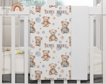 Personalized Teddy Bear Baby Blanket: Blue Watercolor Minky or Fleece
