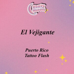 May include: A pink and purple gradient background with yellow stars. The text "El Vejigante" is in black text. Below the text is "Puerto Rico Tattoo Flash" in black text. The logo "ginly moon" is in a white circle with a pink crescent moon.