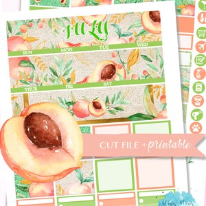 Puede incluir: Pegatinas de planificador imprimibles con tem&aacute;tica de melocot&oacute;n con una ilustraci&oacute;n de rodaja de melocot&oacute;n, un calendario con la palabra "Julio" y los d&iacute;as de la semana, y el texto "CUT FILE + printable".