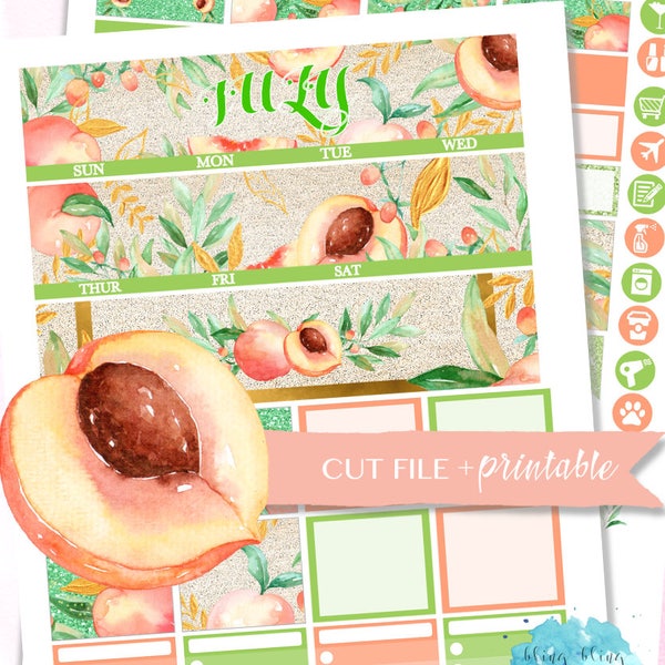 JULY MONTHLY VIEW, Monthly Planner Kit, Fruit stickers, Printable Planner Stickers, eclp Stickers, Digital Planner Stickers, monthly kit