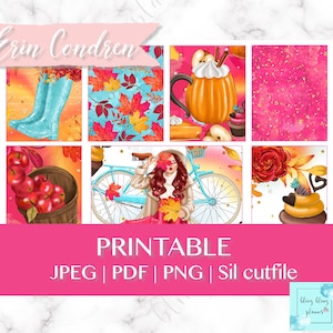 May include: Printable fall-themed planner stickers with images of a woman riding a bicycle, a pumpkin spice latte, a basket of apples, and a cupcake. The stickers are in a variety of colors, including pink, orange, red, and blue. The text "Erin Condren" and "Printable JPEG | PDF | PNG | Sil cutfile" is also included in the image.