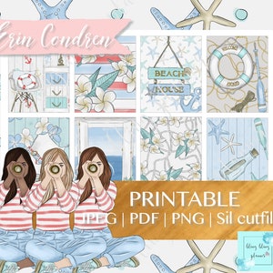 May include: Printable digital planner stickers featuring a beach theme with three women looking through binoculars, a beach house sign, a life preserver, and a bottle with a message in the sea.