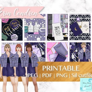 May include: Printable planner stickers featuring a purple and black color scheme with a witchy theme. The stickers include illustrations of women wearing denim jackets and skirts, books, potion bottles, and stars. The text "Night Owl" and "Old Town Bookshop" are included on the stickers.