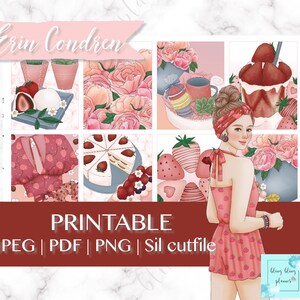 STRAWBERRY PRINTABLE PLANNER Stickers, Spring Printable sticker Kit, erin condren weekly, Dessert planner stickers, strawberry girl weekly
