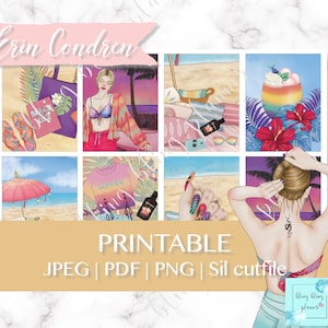 May include: A set of printable digital stickers featuring a tropical beach theme. The stickers include a woman in a colorful swimsuit, a beach umbrella, a tropical drink, and a woman with a tropical flower in her hair.