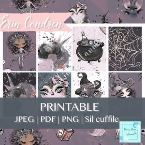 May include: Printable digital paper featuring a Halloween theme with images of witches, owls, bats, and cauldrons. The paper is designed in a pink and purple color scheme with glitter accents. The text "Erin Condren" and "Printable" are included in the design.