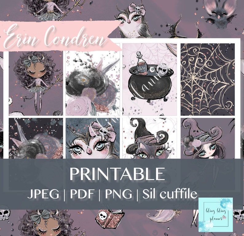 May include: Printable digital paper featuring a Halloween theme with images of witches, owls, bats, and cauldrons. The paper is designed in a pink and purple color scheme with glitter accents. The text "Erin Condren" and "Printable" are included in the design.