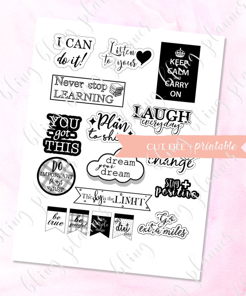 INSPIRATION QUOTE Stickers, Encouragement stickers, Girl boss Stickers, printable deco stickers, printable motivation quote, black and white image 1