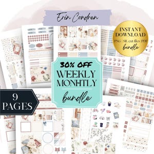 May include: A digital planner sticker set featuring nine pages of illustrations including floral patterns, books, and household items. The text reads Erin Condren, 30% OFF WEEKLY MONTHLY bundle, 9 PAGES, and INSTANT DOWNLOAD PNG SIL cut files PDF.