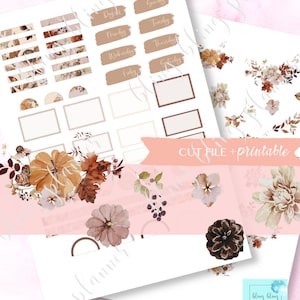 May include: Printable planner stickers with a fall theme. The stickers feature pumpkins, leaves, flowers, and a variety of shapes and sizes. The text "CUT FILE + printable" is visible in the image.