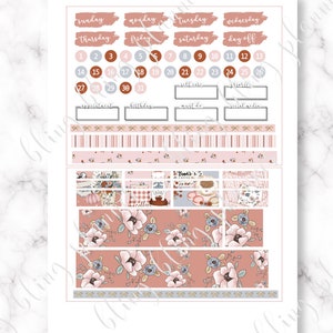 May include: A set of printable planner stickers with an autumn theme. The stickers feature a variety of designs, including floral patterns, coffee cups, and books. The stickers are in shades of pink, brown, and blue.