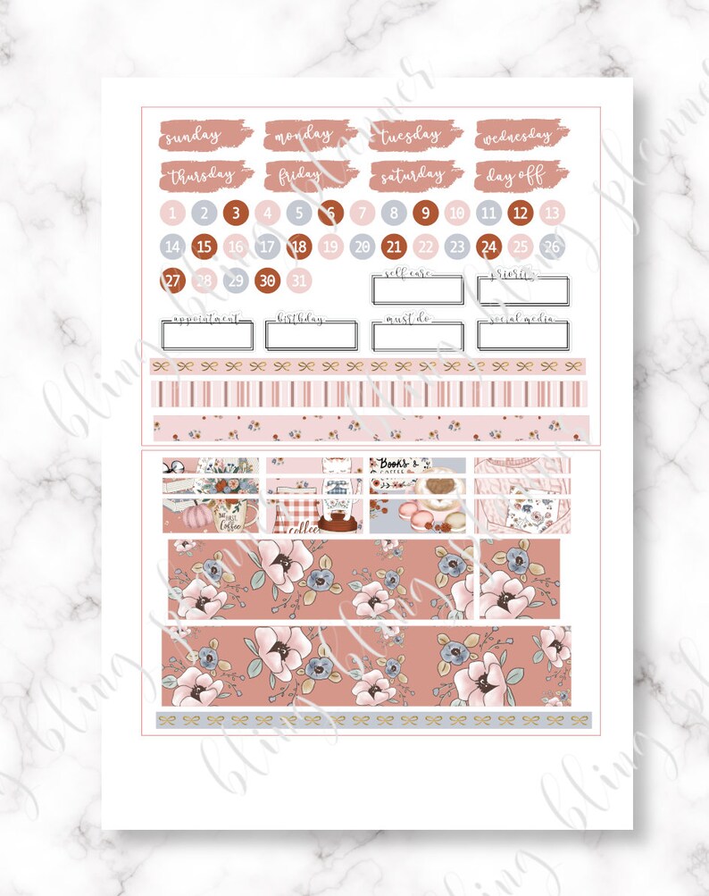 May include: A set of printable planner stickers with an autumn theme. The stickers feature a variety of designs, including floral patterns, coffee cups, and books. The stickers are in shades of pink, brown, and blue.