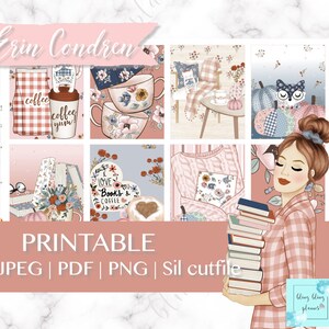 May include: Printable planner stickers featuring a variety of autumnal themes, including coffee mugs, books, pumpkins, and a woman reading. The stickers are in a pink, blue, and brown colour scheme.