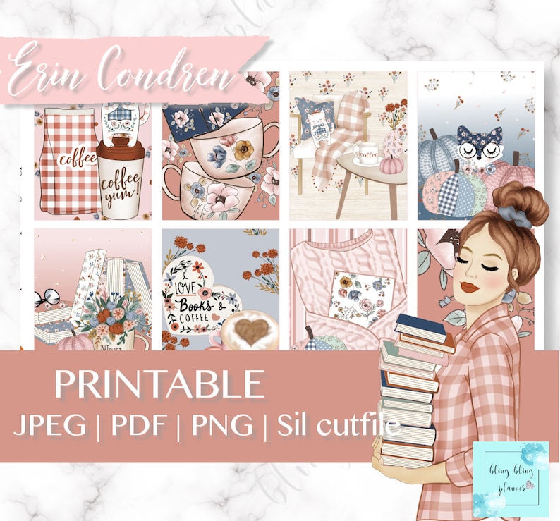 May include: Printable planner stickers featuring a variety of autumnal themes, including coffee mugs, books, pumpkins, and a woman reading. The stickers are in a pink, blue, and brown colour scheme.
