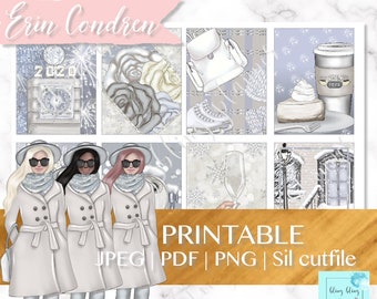 Puede incluir: Pegatinas imprimibles para planificador con temática invernal con ilustraciones de mujeres con abrigos de invierno, un reloj con fuegos artificiales, una porción de pastel de queso, una taza de café, una mochila, patines de hielo y una escena de calle nevada. El texto "PRINTABLE JPEG | PDF | PNG | Sil cutfile" también está incluido.