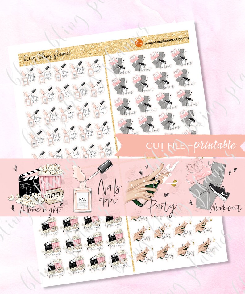 Pu&ograve; includere: Un set di adesivi per planner stampabili con varie illustrazioni. Gli adesivi includono immagini di un biglietto del cinema, popcorn, smalto per unghie, un bicchiere di champagne e un paio di scarpe da ginnastica. Il testo "Nails appt", "Party", "Workout" e "Movie Night" &egrave; incluso sugli adesivi.