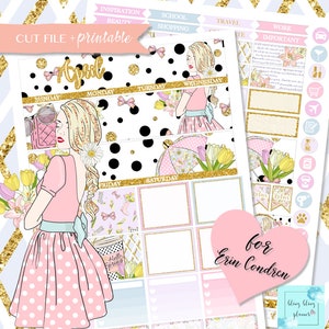 APRIL MONTHLY VIEW, April Monthly Kit, Easter Printable Stickers, Spring girl Printable, Monthly planner stickers, for Erin Condren, floral