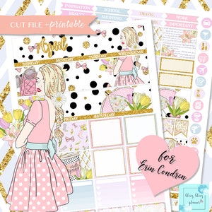 APRIL MONTHLY VIEW, April Monthly Kit, Easter Printable Stickers, Spring girl Printable, Monthly planner stickers, for Erin Condren, floral image 1