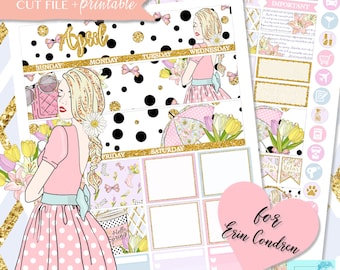 APRIL MONTHLY VIEW, April Monthly Kit, Easter Printable Stickers, Spring girl Printable, Monthly planner stickers, for Erin Condren, floral