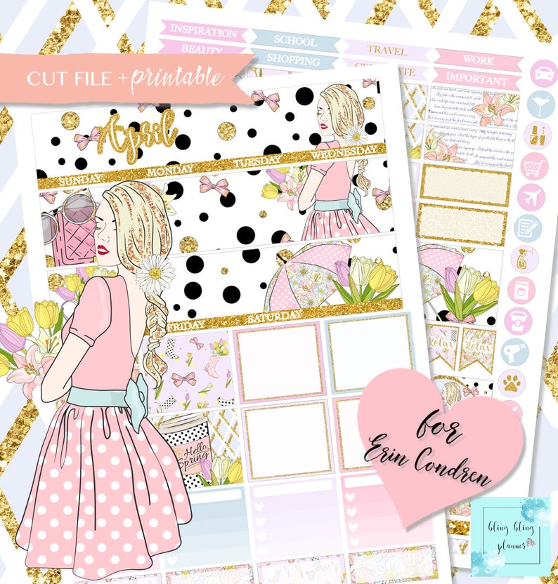APRIL MONTHLY VIEW, April Monthly Kit, Easter Printable Stickers, Spring girl Printable, Monthly planner stickers, for Erin Condren, floral image 1